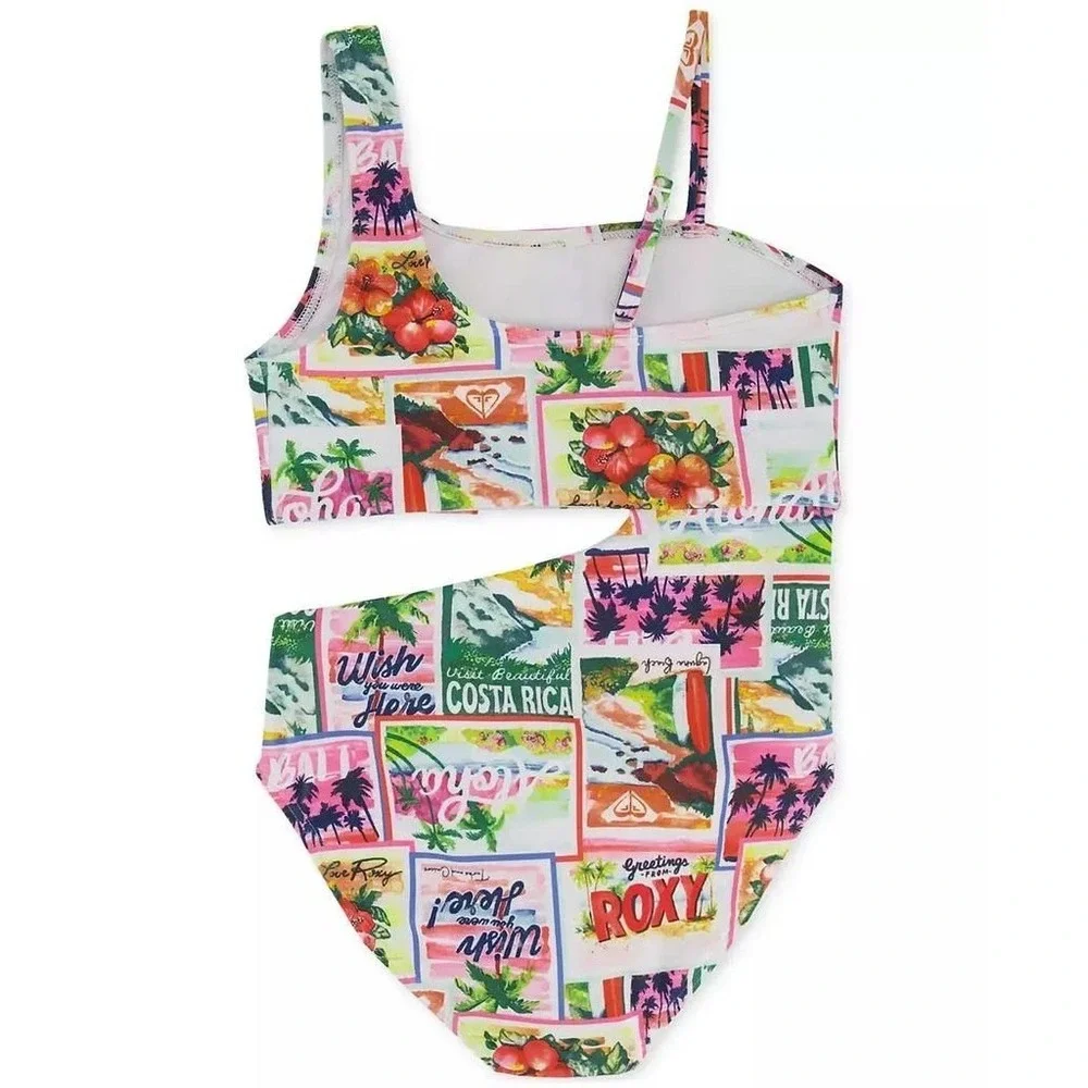Roxy Girls Tropical‎ Postcard Cutout One Piece Swimsuit One Shoulder Size 14 NWT